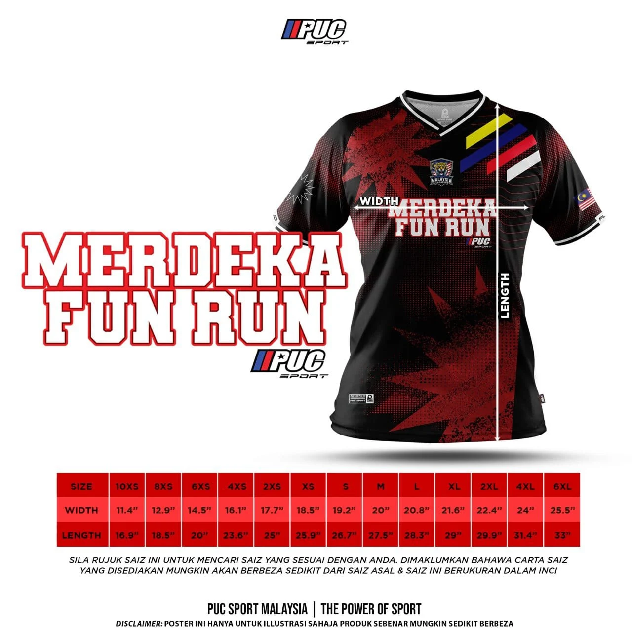 Carta saiz jersi 10XS hingga 6XL