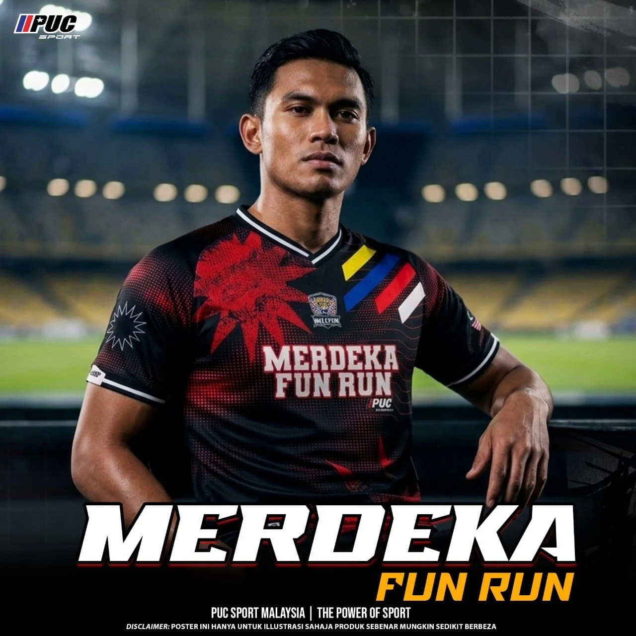 Model memakai jersi rasmi Merdeka Fun Run di stadium
