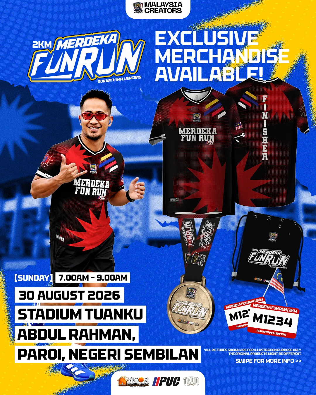 Poster kit penuh peserta — jersi Finisher depan dan belakang, medal, gym sack, nombor bib dan bendera Malaysia